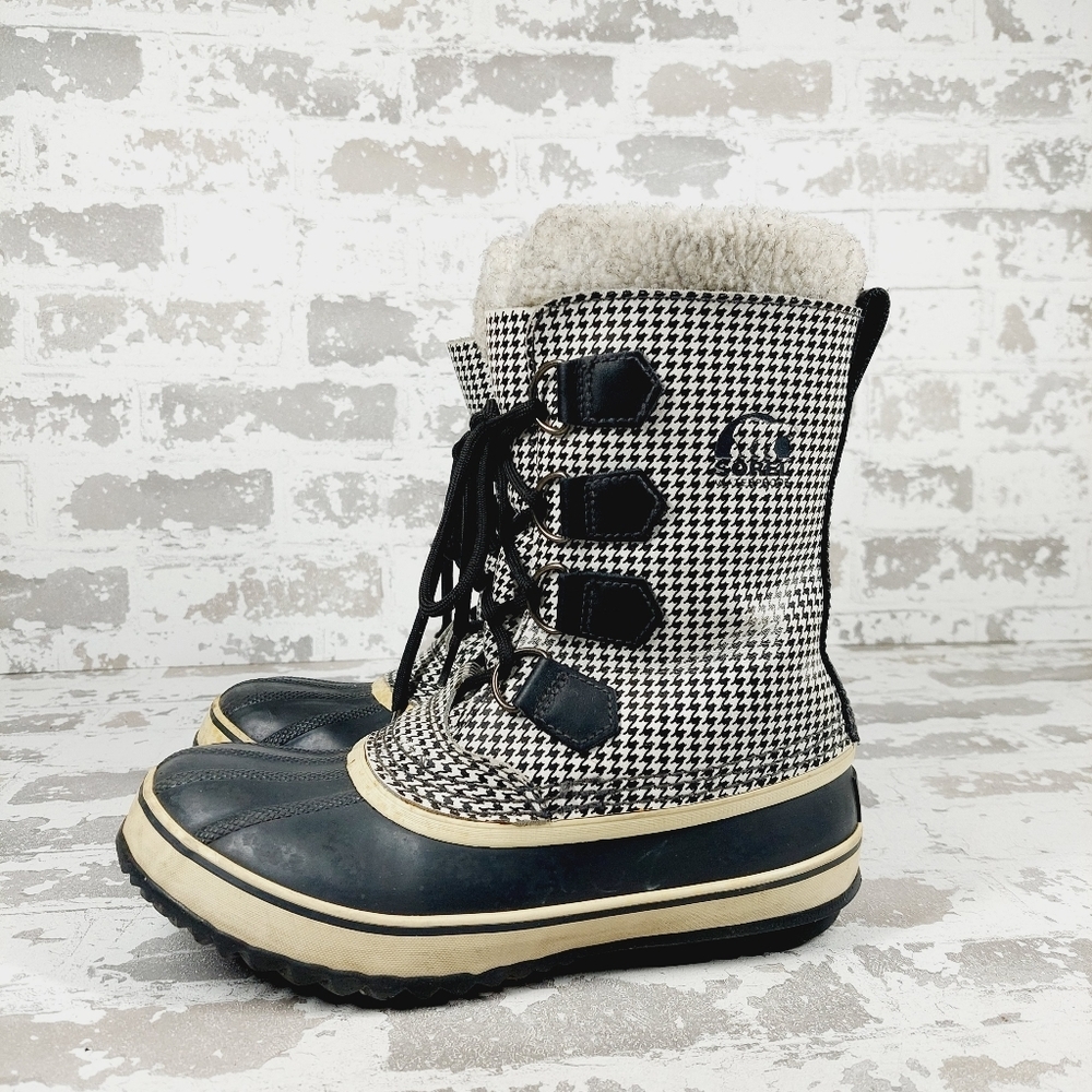 Sorel 1964 Pac Houndstooth Black White Lace Up Waterproof Winter Snow Boots O269